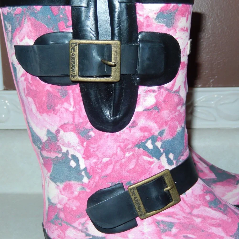 BearPaw Rain Boots Charlie Pink Gray Black Rubber Pull On Strap Buckle 6